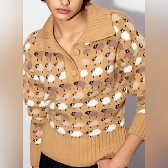 Women’s ZARA Sweater Pullover Sheep 1/4 Button Turtleneck Cozy Knit Small. - Picture 1 of 6